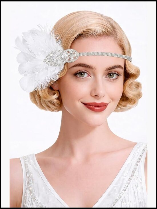 1920s Flapper Feather Headband Rhinestone Elastic Great  display picture 2